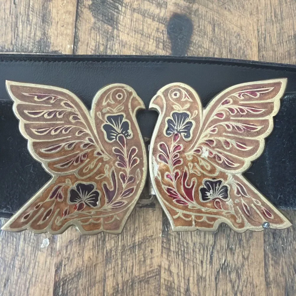 Vintage Golden Hands Lee Bernay Belt Brass Enamel Buckle Suede Boho Hippie
